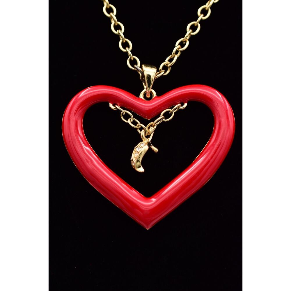 Apple Bottoms Y2K Vintage Red Heart Pendant Necklace Gold Rhinestone Charm BinT